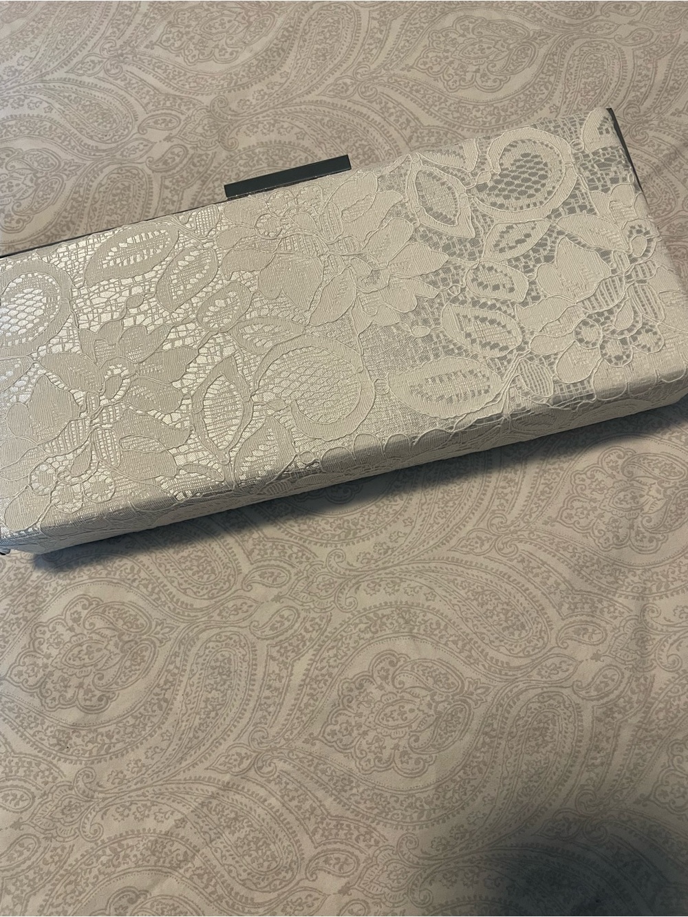 Lace-Embossed White Evening Clutch